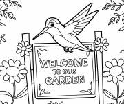 Coloriage Un colibri au-dessus d&rsquo;un panneau de bienvenue