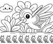 Coloriage Un colibri kawaii curieux sous les nuages
