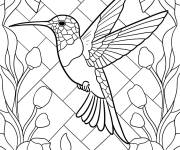 Coloriage Vitrail repr&eacute;sentant un colibri complexe entour&eacute; de fleurs