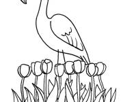 Coloriage Flamant rose avec des fleurs tulipes