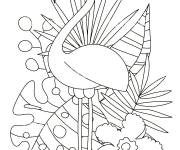 Coloriage Flamant rose avec des motifs de feuilles