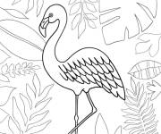 Coloriage Flamant rose avec des motifs de feuilles tropicales