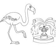 Coloriage Flamant rose pr&eacute;s d'une fontaine