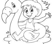 Coloriage Petite fille sur un chambre &agrave; air en forme de flamant rose