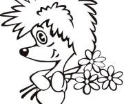 Coloriage B&eacute;b&eacute; H&eacute;risson qui tient des jolis fleurs