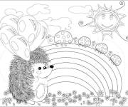 Coloriage Dessin magique de H&eacute;risson, coccinelles et arc--en-ciel