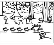 Coloriage et dessins gratuit Equipe de H&eacute;rissons en route dans la foret à imprimer