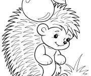 Coloriage H&eacute;risson a ramasser une pomme pour enfants