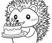 Coloriage H&eacute;risson aimable avec g&acirc;teau d'anniversaire
