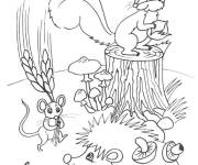 Coloriage H&eacute;risson avec ses amis l'&eacute;cureuil, souris dans la foret