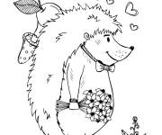 Coloriage H&eacute;risson avec un bouquet de fleurs