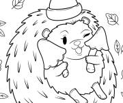 Coloriage H&eacute;risson avec un chapeau d&eacute;gustant des champignons
