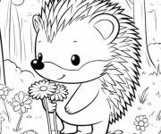 Coloriage H&eacute;risson cueillant des fleurs
