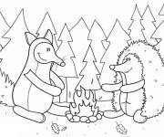 Coloriage H&eacute;risson et renard dans la foret