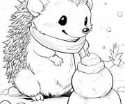 Coloriage H&eacute;risson faisant un bonhomme de neige