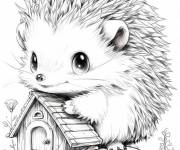 Coloriage H&eacute;risson mignon sur sa petite maison