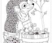 Coloriage H&eacute;risson plante les fleurs