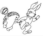 Coloriage H&eacute;risson s'amuse avec son ami lapin