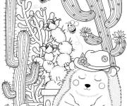 Coloriage H&eacute;risson se repose parmi les cactus