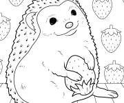 Coloriage H&eacute;risson souriant tenant une fraise