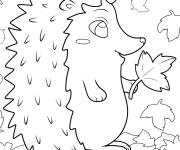 Coloriage H&eacute;risson tenant une feuille d'&eacute;rable