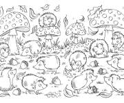 Coloriage Le village des H&eacute;rissons dans la nature