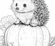 Coloriage Petit h&eacute;risson sur une citrouille