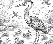 Coloriage H&eacute;ron avec les canards sur le lac