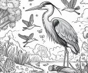 Coloriage H&eacute;ron avec ses amis oiseaux
