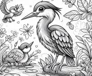 Coloriage H&eacute;ron avec ses b&eacute;b&eacute; oiseaux