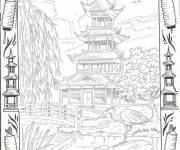 Coloriage H&eacute;ron dans un paysage asiatique