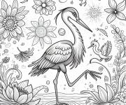 Coloriage H&eacute;ron entour&eacute; par des fleurs