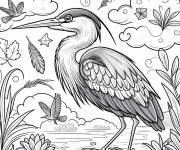Coloriage H&eacute;ron et des oiseaux en volant