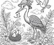 Coloriage Maman h&eacute;ron de cartoon avec ses petits