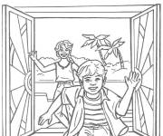 Coloriage Les petits enfants en d&eacute;couvrant le Jurassic World