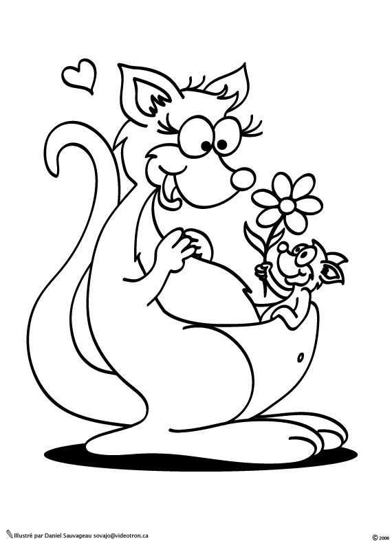 Coloriage et dessins gratuits Kangourou et son bébé portant une fleur à imprimer