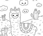 Coloriage Lama kawaii dans le d&eacute;sert