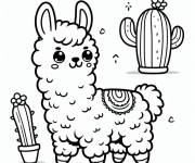 Coloriage Lama kawaii et cactus