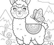 Coloriage Lama mignon avec une papillon dans la nature