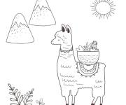 Coloriage Lama soleil et montagnes