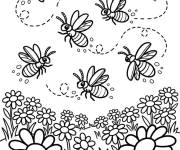 Coloriage Groupe de Lucioles survolent les fleurs