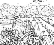 Coloriage Paysage de Lucioles dans la nature