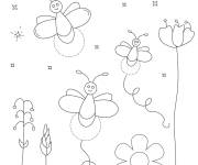 Coloriage Paysage nocturne des Lucioles parmi les fleurs
