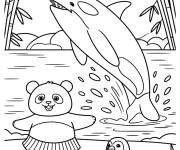 Coloriage Orque, panda et pingouin sur la plage
