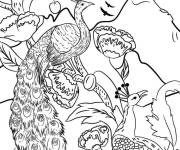 Coloriage Des paons dans les montagnes