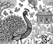 Coloriage et dessins gratuit Gros paon entour&eacute; par des animaux à imprimer