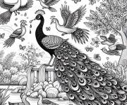 Coloriage et dessins gratuit Paon et oiseaux dans le jardin à imprimer