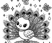 Coloriage Paon kawaii avec motifs en papillon