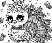 Coloriage Paon kawaii avec une couronne sur la t&ecirc;te