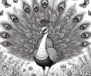 Coloriage Paon ouvrant ses plumes avec des papillons